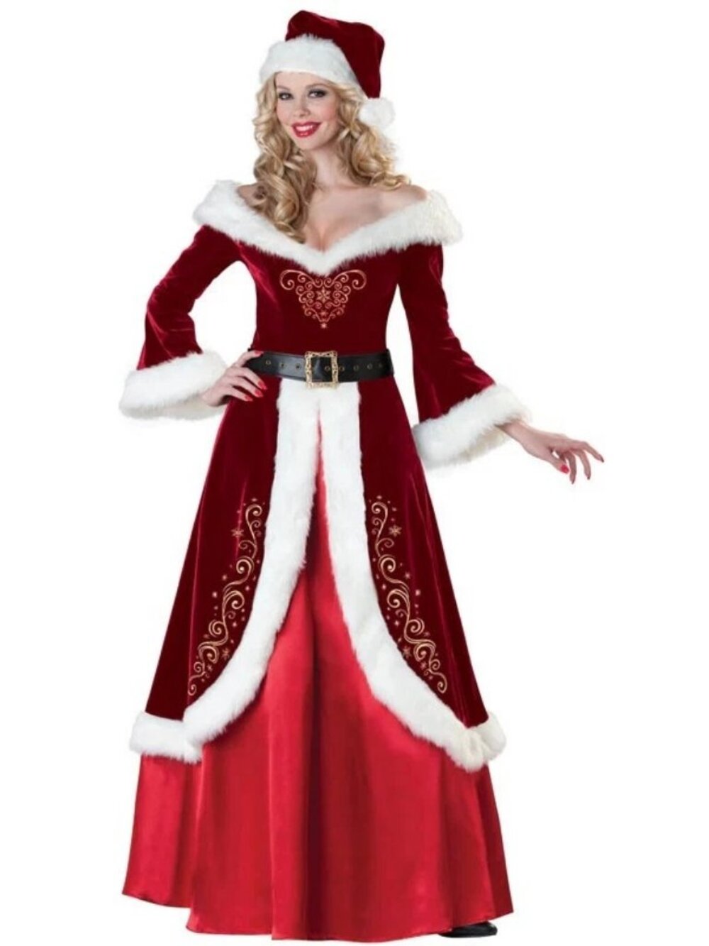 Mrs. Claus Costume Dress Hat Belt Wig & Wig Cap Size 2XL Red & White Christmas